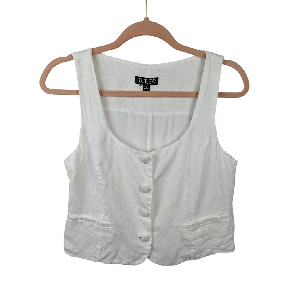 J.Crew Womens White 100% Linen Button Front Tailored Vest Waistcoat Size 4